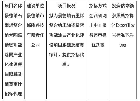 景德鎮石墨烯復合納米陶瓷精密功能涂層產業化建設項目跟蹤及結算審計招標代理計劃公告